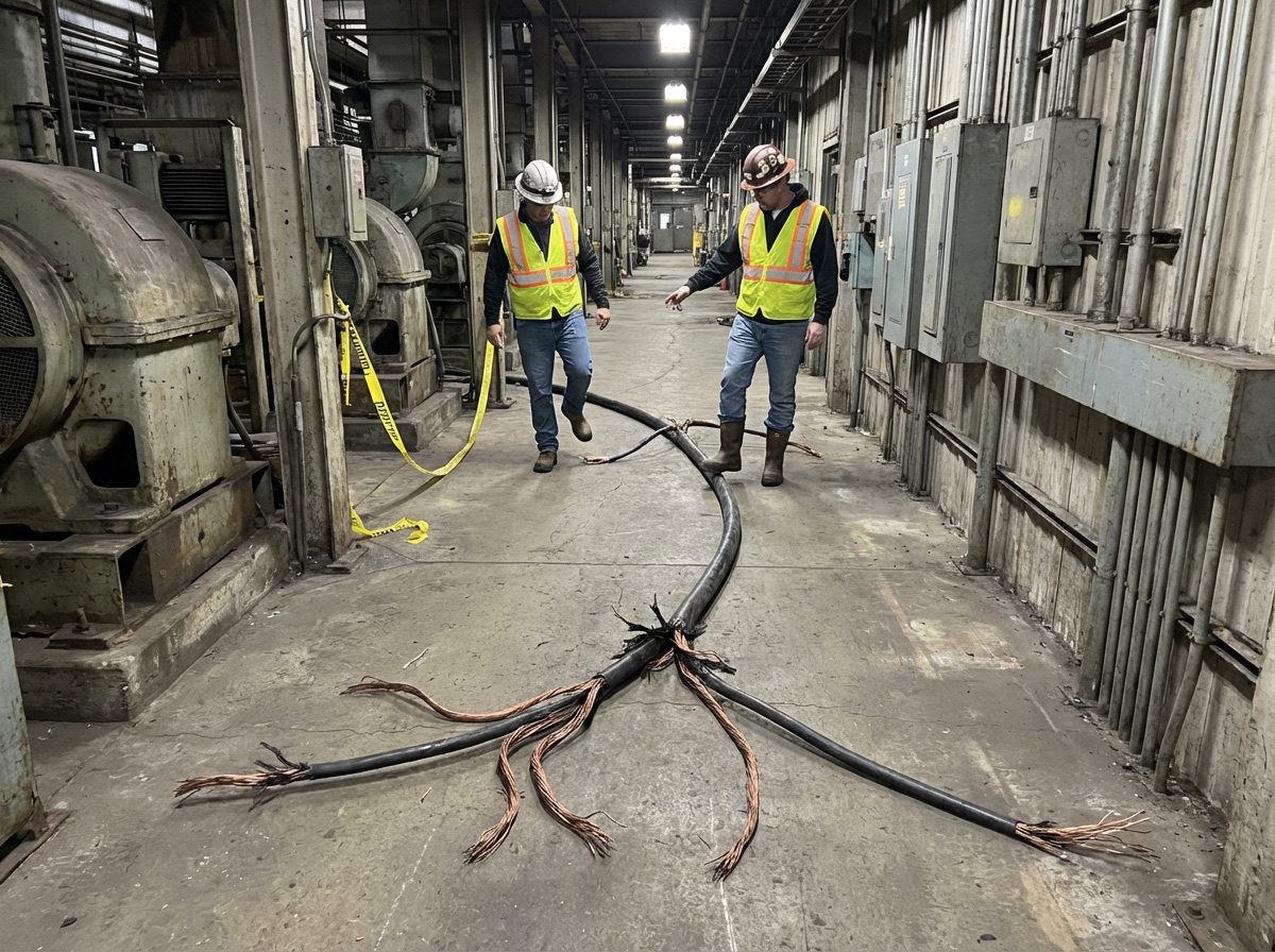 Beschadigde elektriciteitskabel met blootliggende koperdraden dwars over een looppad in een industriele hal, twee medewerkers in hi-vis vesten ernaast.
