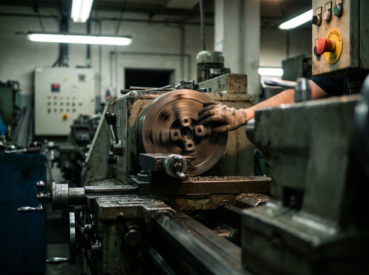 Draaiende metaalbewerkingsmachine in een werkplaats met een hand vlak bij het bewegende werkstuk en een noodstop op het bedieningspaneel.