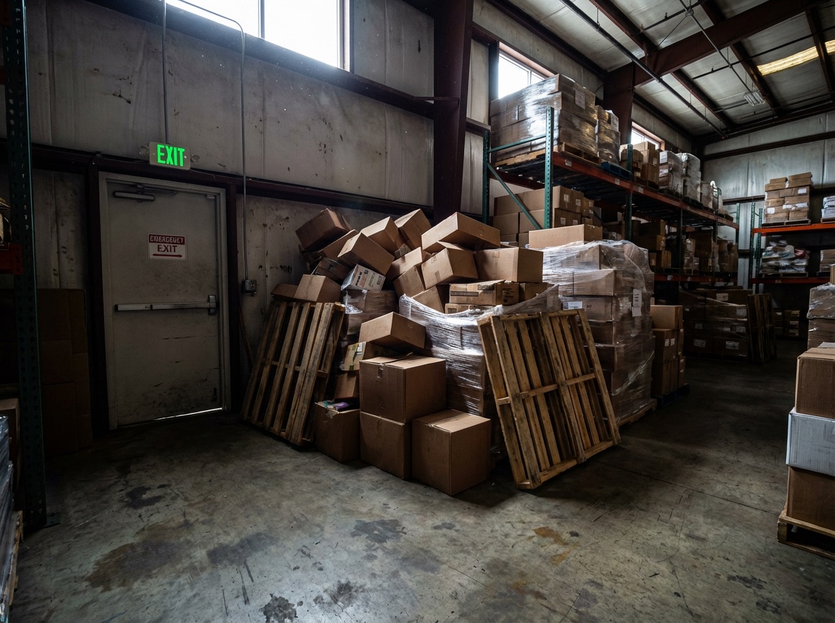 Nooduitgang in een magazijn die versperd wordt door een stapel kartonnen dozen en losse pallets ervoor.
