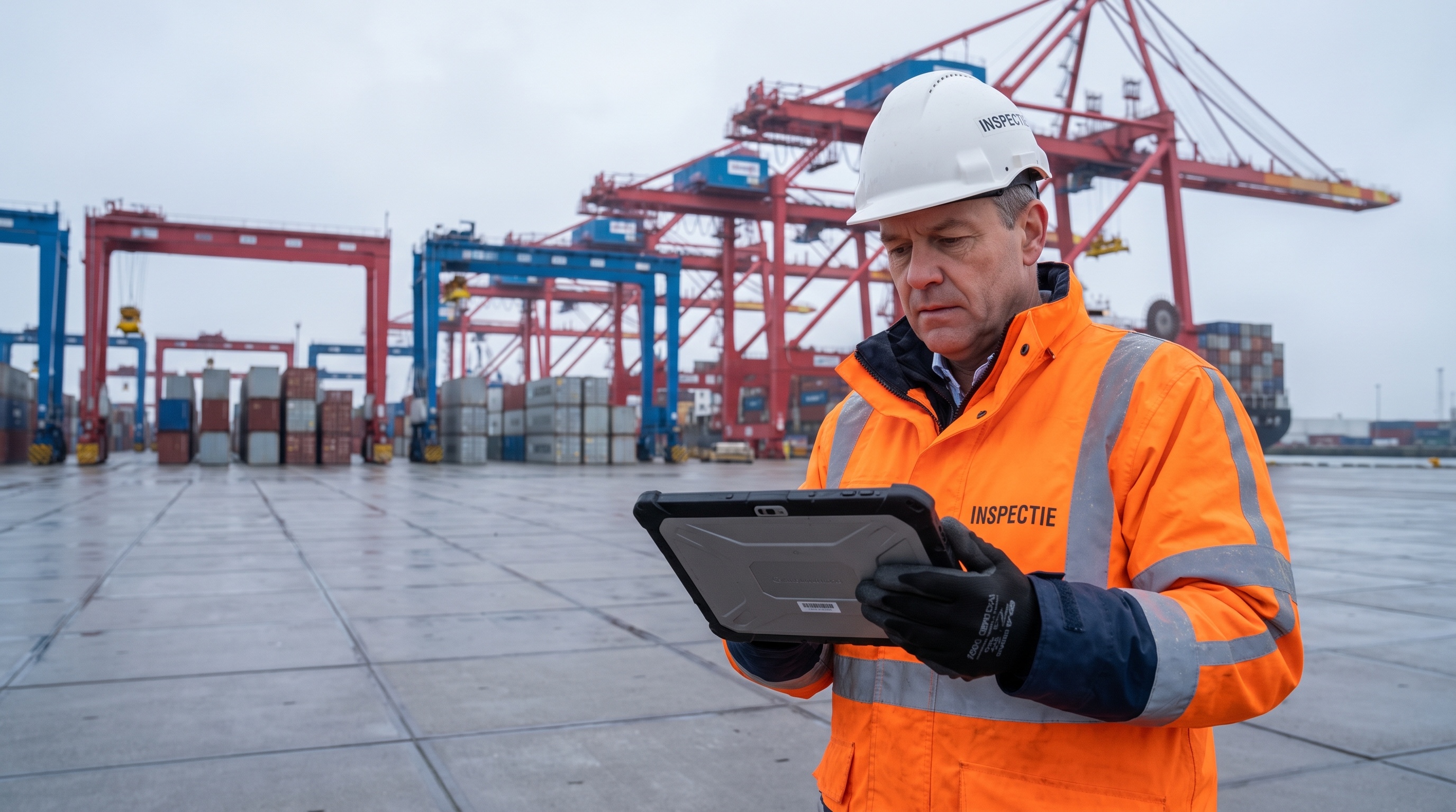Inspecteur met helm en oranje veiligheidsjas met een rugged tablet op een containerterminal in de haven.