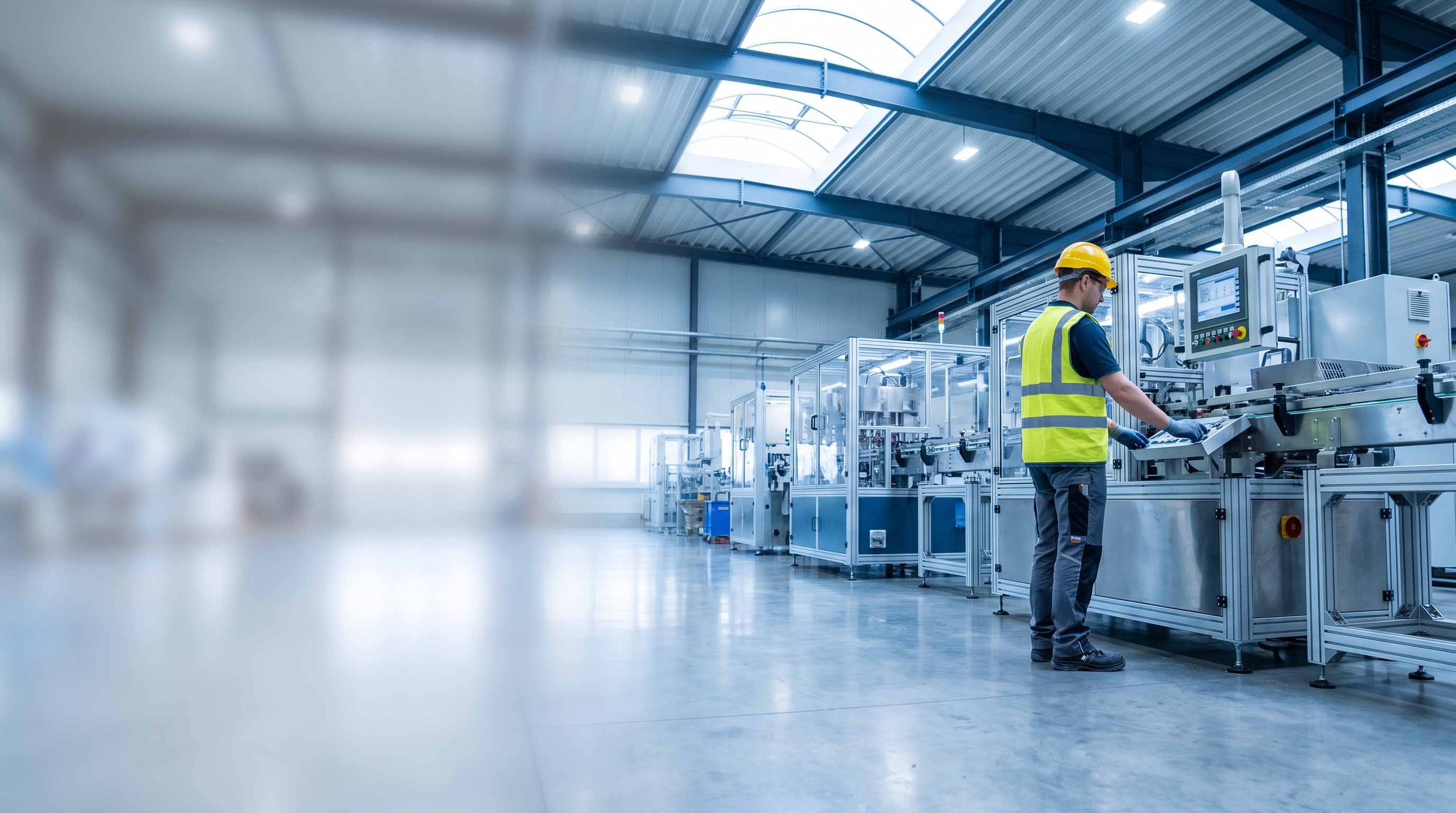 Operator met veiligheidshesje aan een productielijn in een lichte industriehal.