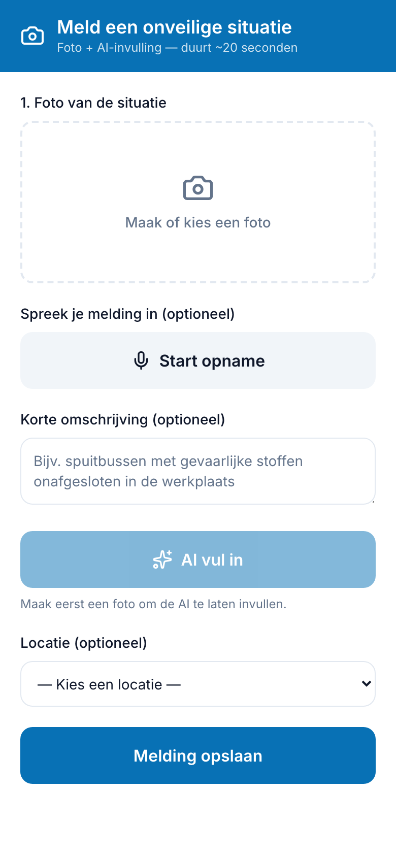 Meldwijs op de telefoon: een onveilige situatie melden met een foto, een ingesproken toelichting en AI-invulling. Een Progressive Web App zonder app-store.
