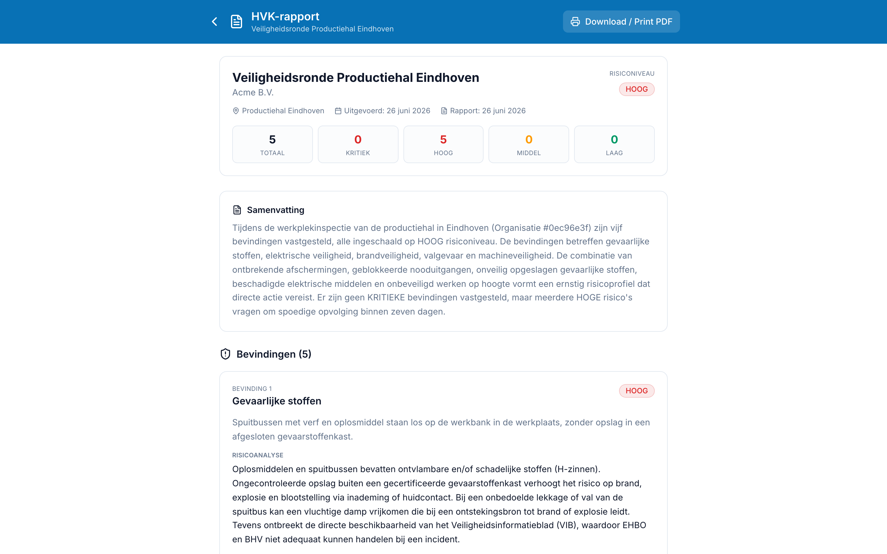 HVK-rapport in Meldwijs: een veiligheidsronde samengevat met risiconiveau, aantal kritieke en hoge bevindingen, een samenvatting en een risicoanalyse per bevinding.